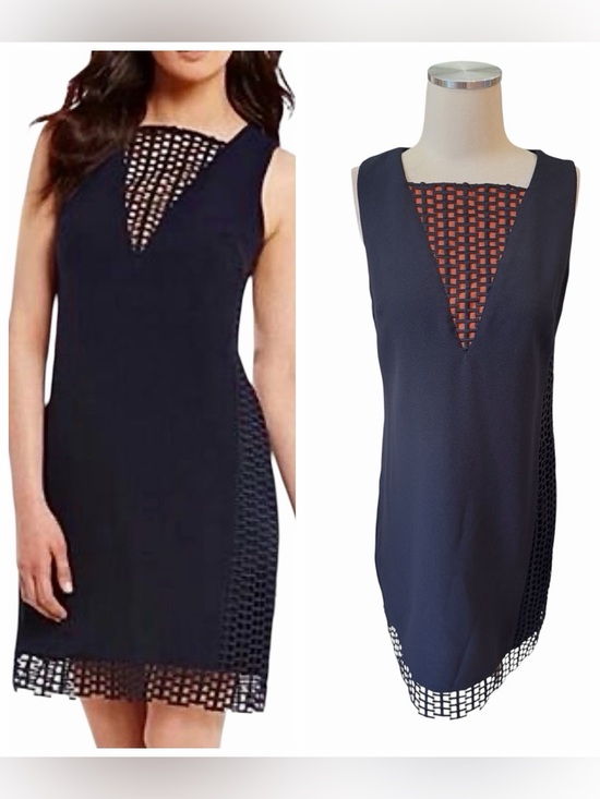 ANTONIO MELANI Dresses & Skirts - Antonio Melani Sleeveless Navy with Orange Lace-Trim Shift Dress Sz 6